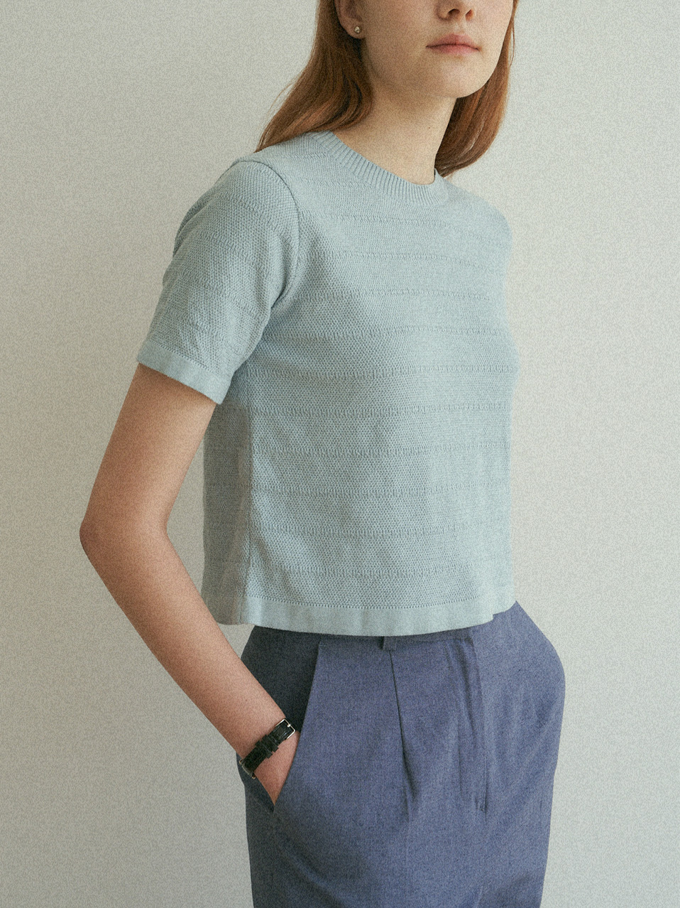 ROUND NECK COTTON KNIT_BLUE GRAY