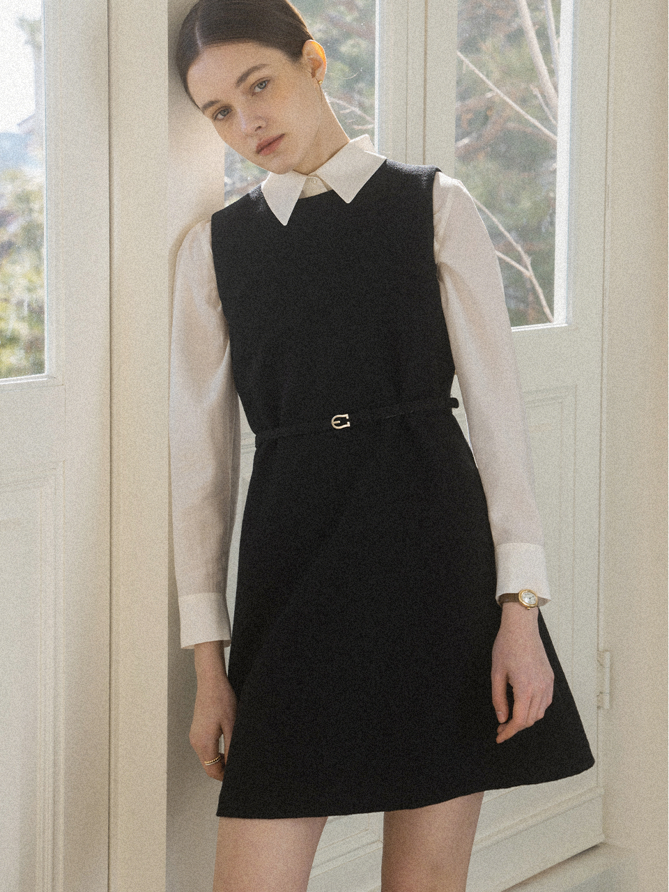 BELTED COTTON TWEED DRESS_BLACK